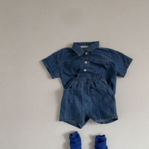 Kids Casual Lapel Solid Color Short Sleeve Single-breasted Top And Denim Elastic Waist Shorts Set