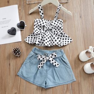 Kids Girls Sweet Polka Dot Bow Design Ruffled Camisole And Elastic Denim Shorts Set