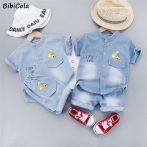 Baby Boys Casual Short Sleeve Single-breasted Cartoon Giraffe Denim Shirt And Elastic Shorts Set