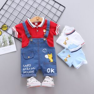 Baby Boys Cute Cartoon Animal Giraffe Lapel Short Sleeve T-Shirt And Letter Pattern Denim Suspender Trousers Set
