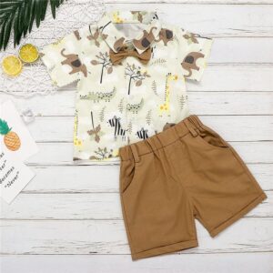 Kids Boys Casual Cartoon Animal Print Lapel Short Sleeve Shirt And Elastic Shorts Set