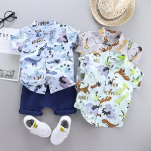 Baby Boys Cute Cartoon Animal Dinosaur Pattern Short Sleeve Shirt And Shorts Set