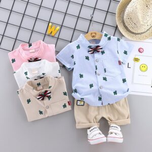 Baby Boys Casual Cactus Pattern Short Sleeve Single-breasted Shirt And Shorts Set