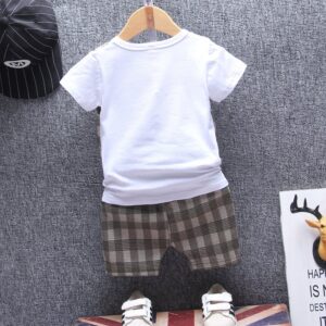 Baby Boys Casual Plaid Vest Fake Two Piece Design Round Neck Short Sleeve T-Shirt And Elastic Shorts Set