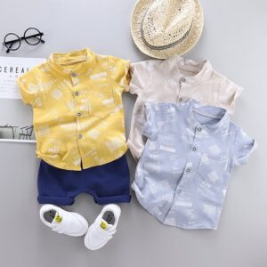 Baby Boys Casual Letter Pattern Short Sleeve Single-breasted Shirt And Shorts Set