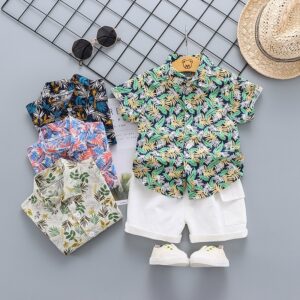 Baby Boys Casual Plant Pattern Short Sleeve Single-breasted Shirt And Shorts Set