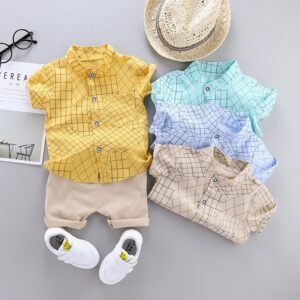 Baby Boys Casual Line Pattern Short Sleeve Single-breasted Shirt And Shorts Set