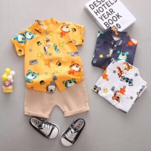 Baby Boys Casual Cartoon Pattern Short Sleeve Single-breasted Shirt And Shorts Set