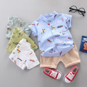 Baby Boys Casual Cartoon Car Airplane Pattern Short Sleeve Single-breasted Shirt And Shorts Set