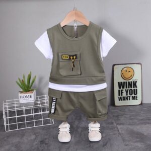 Baby Boys Casual Round Neck Short-sleeved Spliced Loose T-Shirt And Elastic Shorts Set