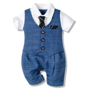 Baby Boys Handsome Gentleman Lapel Short Sleeve Tie Button One-piece Romper