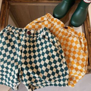 Kids Casual Plaid All Over Print Elastic Loose Corduroy Shorts