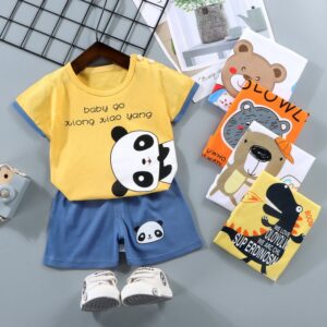 Kids Casual Cartoon Pattern Round Neck Short Sleeve Loose T-Shirt And Elastic Shorts Set