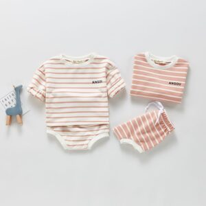 Baby Casual Round Neck Long Sleeve Striped Loose T-Shirt And Elastic Shorts Set