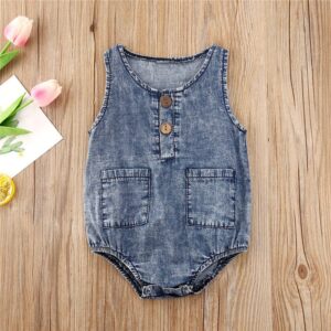 Baby Boys Basic Round Neck Sleeveless Button Pocket Casual Romper