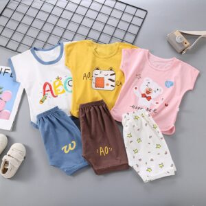 Kids Basic Cute Cartoon Pattern Round Neck Short Sleeve T-Shirt And Elastic Shorts Set