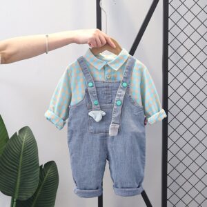 Kids Boys Casual Lapel Long Sleeve Single-breasted Loose Plaid Shirt And Denim Suspender Trousers Set