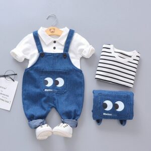 Kids Boys Casual T-Shirt And Cute Cartoon Big Eyes Pattern Denim Suspender Trousers Set