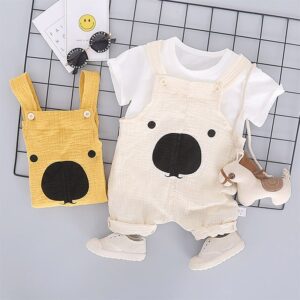 Baby Boys Cute Round Neck Short Sleeve Letter Loose T-Shirt And Cartoon Pattern Suspender Trousers Set