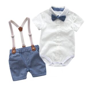 Baby Boys Gentleman Basic Lapel Short Sleeve Romper And Straps Shorts Set