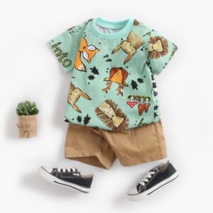 Baby Boys Casual Cute Cartoon Animal Pattern Round Neck Short Sleeve T-Shirt And Elastic Shorts Set