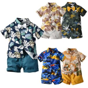 Kids Boys Casual Lapel Single-breasted Short-sleeved Plant Shirt And Elastic Shorts Set