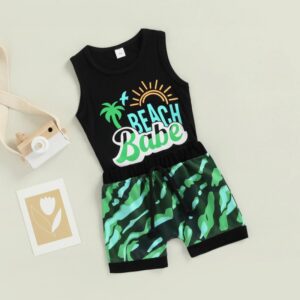 Kids Boys Casual Round Neck Sleeveless Letter Beach Pattern Vest And Elastic Camouflage Shorts Set