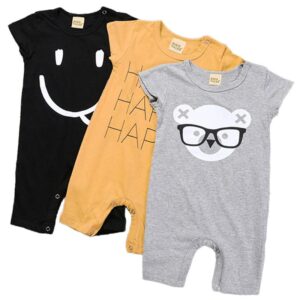 Baby Boys Round Neck Short Sleeve Cartoon Pattern Letter Romper