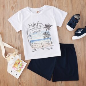 Kids Boys Casual Round Neck Short Sleeve Beach Pattern T-Shirt And Elastic Shorts Set