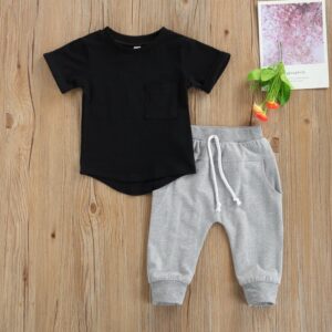 Baby Boys Basic Round Neck Short Sleeve Solid Color Pocket T-Shirt And Elastic Pants Set