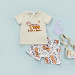Kids Casual Round Neck Short Sleeve Beach Graphic Printed T-Shirt And Drawstring Shorts Set
