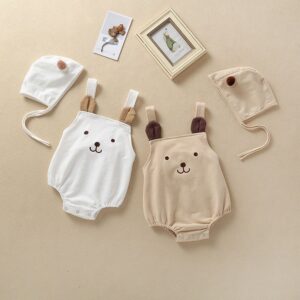 Baby Cute Cartoon Bear Pattern Sleeveless Strap Cotton Romper And Hat Two-piece Set