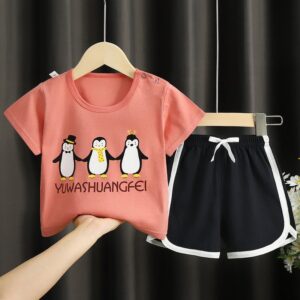 Kids Casual Round Neck Short Sleeve Cartoon T-Shirt And Shorts Set