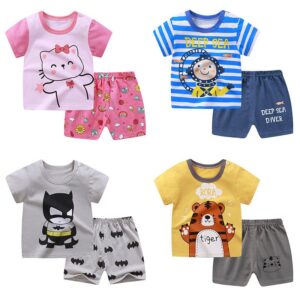 Kids Basic Cartoon Pattern Round Neck Short Sleeve T-Shirt And Shorts Set