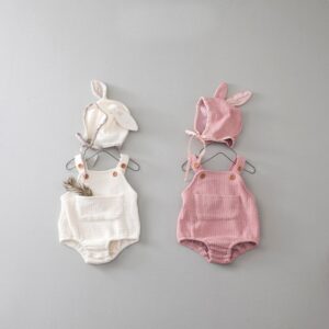 Baby Cute Solid Color Strap Romper With Animal Rabbit Ear Design Hat Set