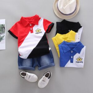 Baby Boys Preppy Lapel Short Sleeve Color Blocking T-Shirt And Denim Shorts Set