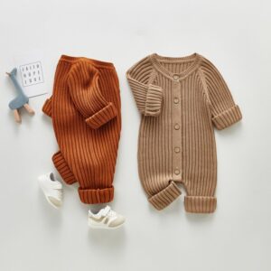 Baby Simple Long Sleeve Single-breasted Vertical Stripe Wool Jumpsuit