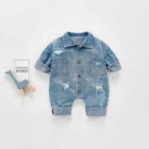 Baby Casual Lapel Long-sleeved Ripped Denim Jumpsuit