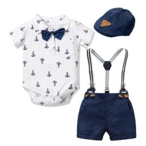 Boy Gentleman Anchor Print Romper And Overalls With Hat Set