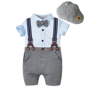 Boys Short-sleeved Romper And Overalls With Hat Suit