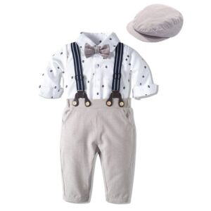 Boys Sailboat Print Jumpsuit Strappy Pants And Hat Set