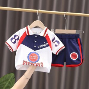 Boys Fashion Lapel Letter Pattern T-Shirt And Shorts Set