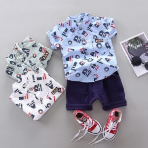 Boys Short-sleeves Letter Pattern Single-breasted Shirt And Shorts Set