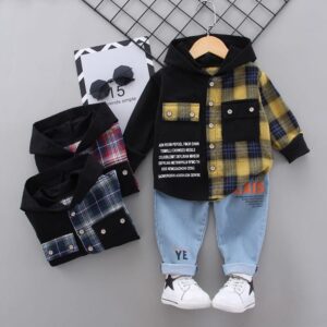 Boys Single-breasted Plaid Hooded Shirt And Pants Set
