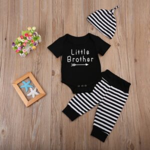 Boys Letter Printed Romper And Striped Pants With Cap Set
