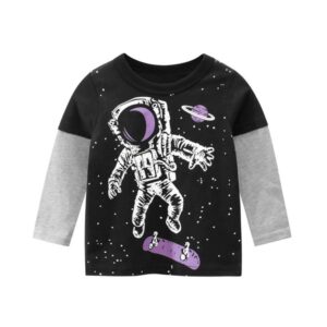 Boys Round Neck Cartoon Pattern Splice T-Shirt