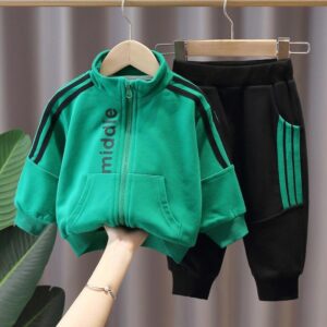 Boys Zipper Letter Printed Tops And Stripe Pants Two-piece Set