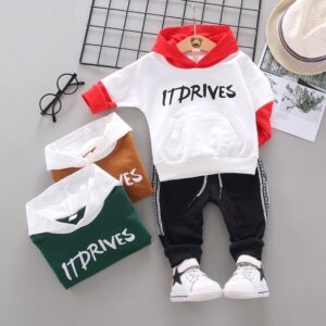 Kids Color Blocking Hooded Tops And Letter Printed Pants Two-piece Set