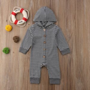 Children Fashion Striped Hooded Single-breasted Jumpsuit