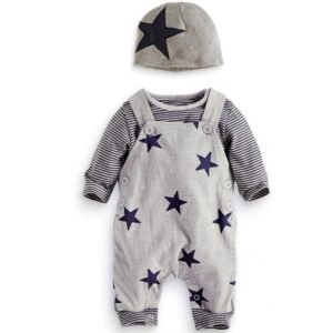 Fashion Baby Striped Long-Sleeved Top And Star Print Overalls With Hat